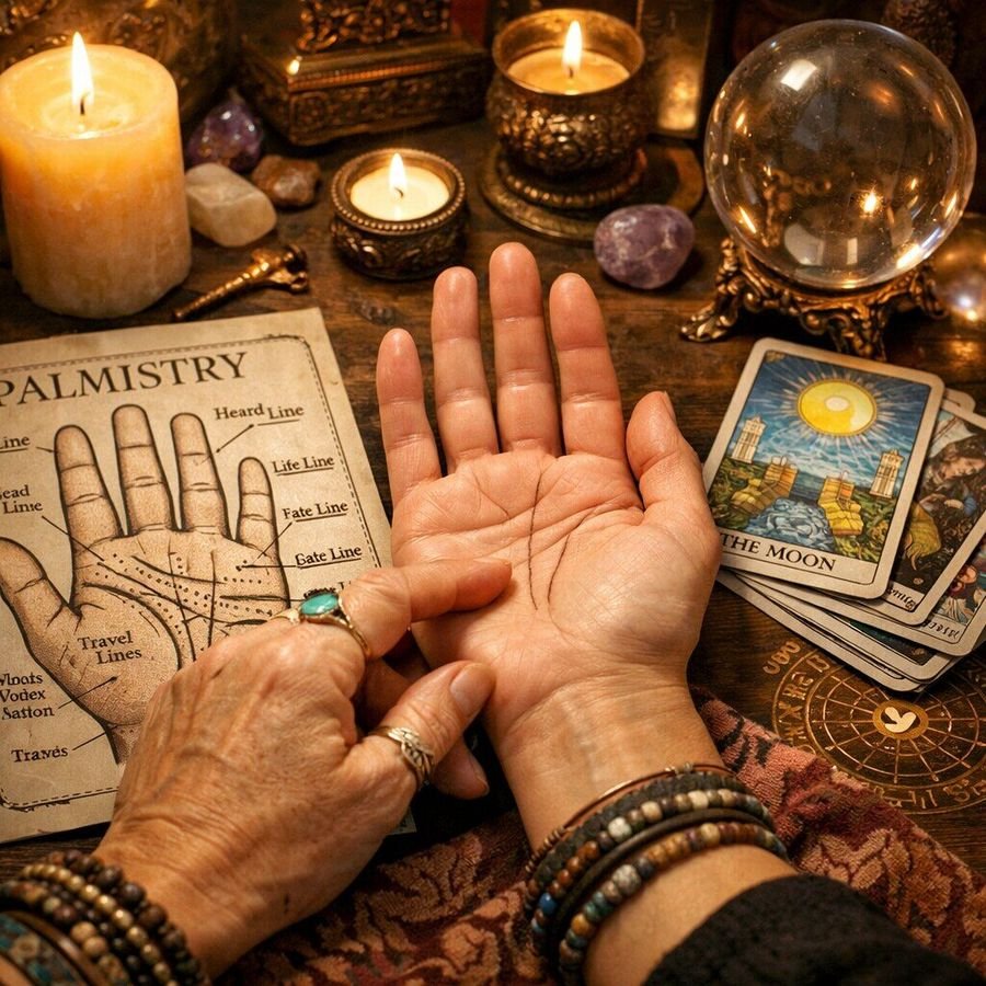 Astrologer Kashi Guru in quiet meditation before evening candles